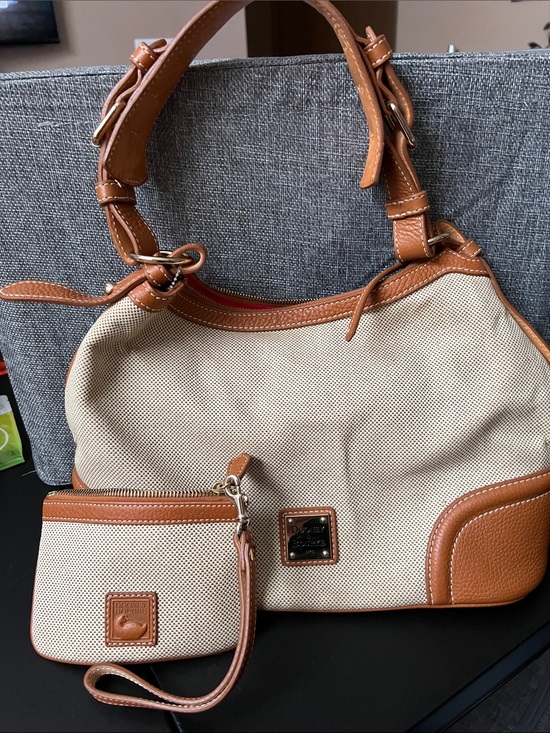 Dooney & Bourke Handbags - Dooney & Bourke Cream Canvas Shoulder Bag with Tan Leather Trim and Wristlet